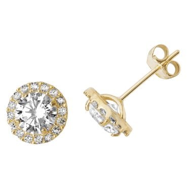 9ct Yellow Gold CZ Round Halo Earrings 1.10g, 0.7cm