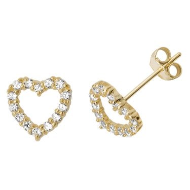 9ct Yellow Gold Full CZ Open Heart Stud Earrings 0.8cm, 0.76g