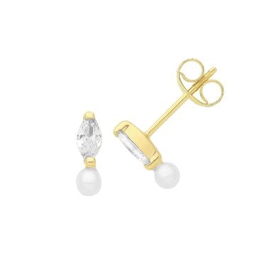 9ct Yellow Gold Marquise CZ & Pearl Stud Earrings 0.4g, 0.2x0.8cm