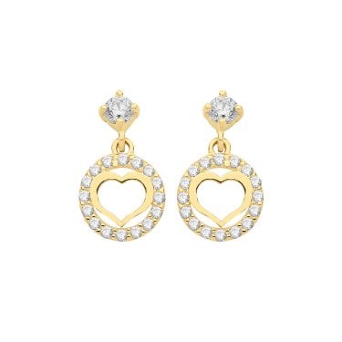 9ct Yellow Gold Open Heart CZ Halo Drop Earrings 0.78g, 0.7 x 1.2cm