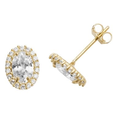 9ct Yellow Gold Oval CZ with Single Halo Stud Earrings 0.9g, 0.6x0.8cm