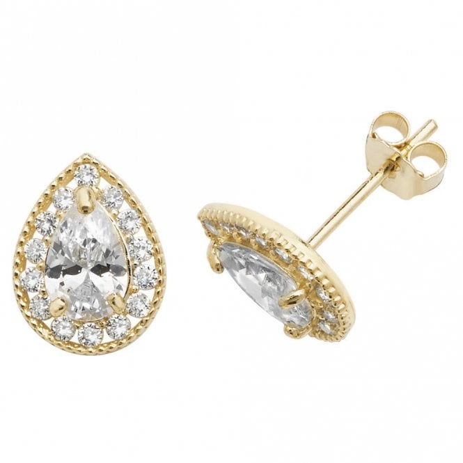 Faith 9ct Gold 9ct Yellow Gold Pear CZ with Single Halo Milgrain Stud Earrings 1.17g, 0.7x0.95cm