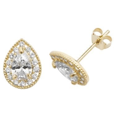 9ct Yellow Gold Pear CZ with Single Halo Milgrain Stud Earrings 1.17g, 0.7x0.95cm