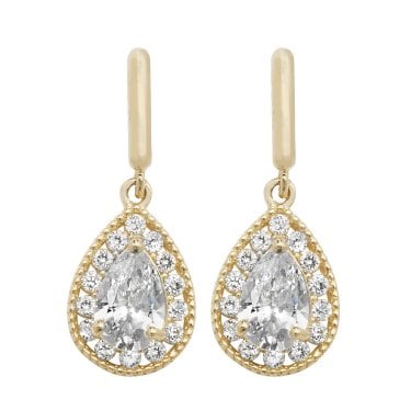 9ct Yellow Gold Pear Shape CZ Halo Drop Earrings 1.41g, 0.7 x 1.9cm
