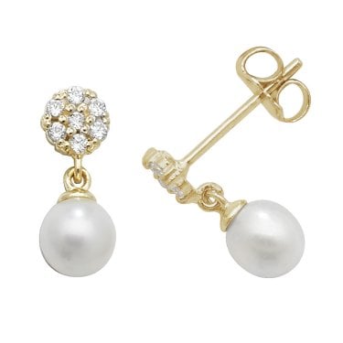 9ct Yellow Gold  Pearl CZ Drop Earrings 0.65g, 0.5x1cm