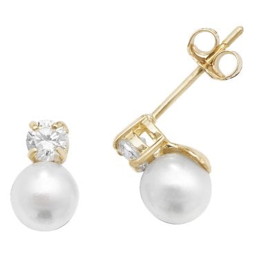 9ct Yellow Gold Pearl CZ Stud Earrings 0.8g, 0.5x0.8cm