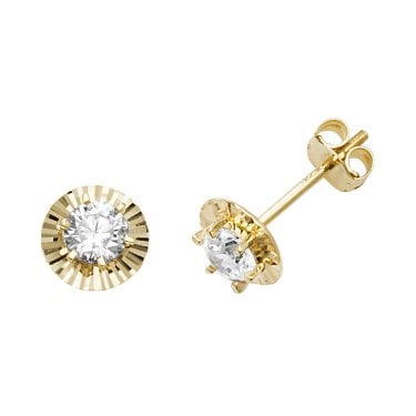 9ct Yellow Gold Round CZ with Diamond Cut Halo Stud Earrings 0.72g, 0.65cm