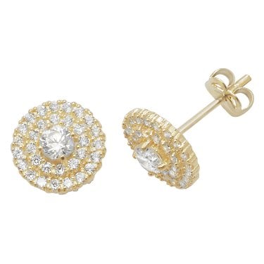 9ct Yellow Gold Round CZ with Double Halo Stud Earrings 1.05g, 0.8cm