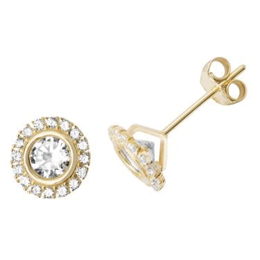 9ct Yellow Gold Round CZ with Single Halo Stud Earrings 0.80g, 0.6cm