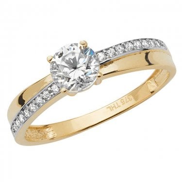 9ct Yellow Gold Solitaire Crossover Half CZ Shoulders Ring