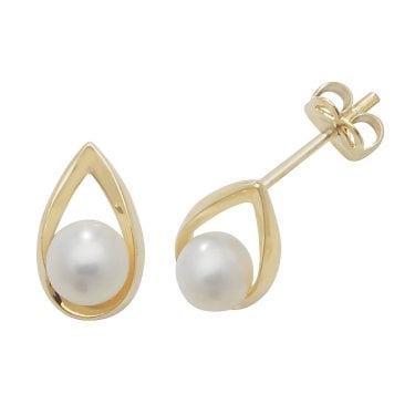 9ct Yellow Gold Teardrop & Pearl Stud Earrings 0.81g, 0.5x1cm