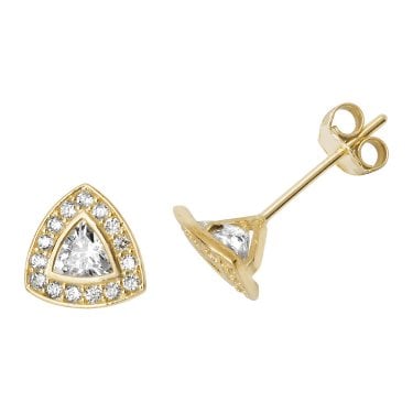 9ct Yellow Gold Triangle CZ with Single Halo Stud Earrings 0.77g, 0.7cm