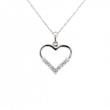 Faith 9ct White Gold Half Plain, Half CZ Open Heart Necklace 15 x 14mm, 18"