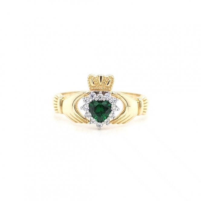Faith 9ct Gold  Green CZ with Halo Claddagh Ring