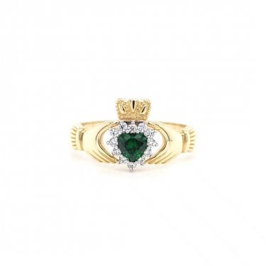 Faith 9ct Gold Green CZ with Halo Claddagh Ring