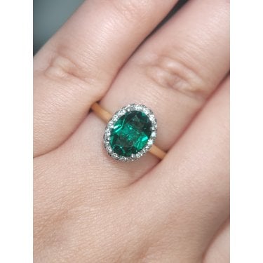 18ct Yellow Gold D/E Colour 1.41ct Oval Emerald with Diamond Halo 0.18ct LAB Certified Diamond Ring