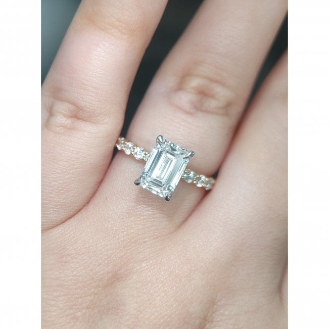Faith Diamonds 18ct Yellow Gold with Platinum Head 2.60ct Total Emerald Cut Solitaire with Hidden Halo & Raised Diamond Shoulders LAB Grown Diamond Certified Ring