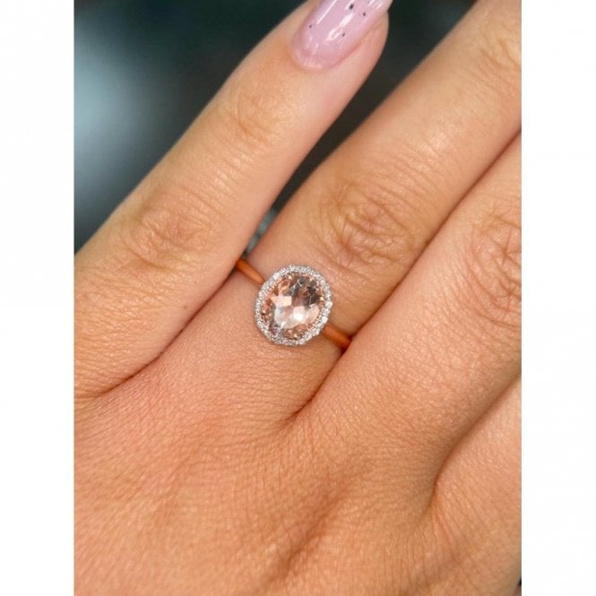 Faith Diamonds 9ct Rose Gold Oval Morganite & Diamond Halo Ring