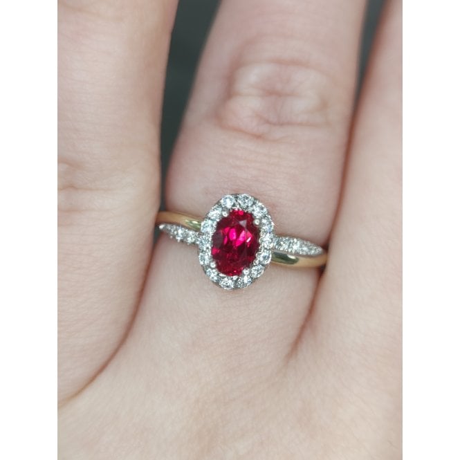 Faith Diamonds 9ct Yellow Gold 0.57ct Oval Ruby with 0.31ct D/E Colour Diamond Halo & Twist Diamond Shoulders LAB Grown Diamond Certified Ring