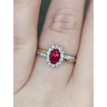 9ct Yellow Gold 0.57ct Oval Ruby with 0.31ct D/E Colour Diamond Halo & Twist Diamond Shoulders LAB Grown Diamond Certified Ring
