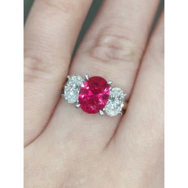 9ct Yellow Gold 2.18ct Oval Ruby with 1.40ct D/E Oval Cut Diamond Sides LAB Grown Diamond Certified Ring
