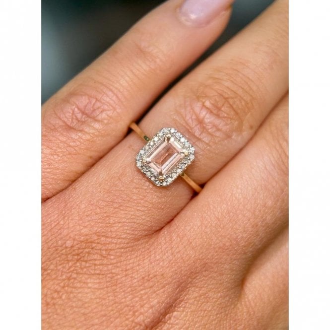 Faith Diamonds 9ct Yellow Gold Emerald Cut Morganite Diamond Halo Ring