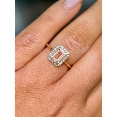 9ct Yellow Gold Emerald Cut Morganite Diamond Halo Ring