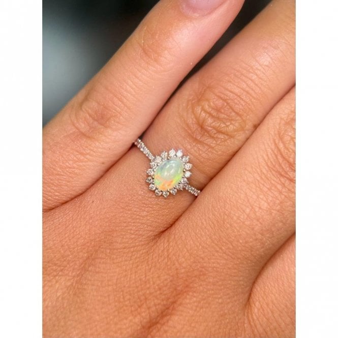Faith Diamonds 9ct Yellow Gold Oval Opal with Diamond Halo & Shoulders Ring