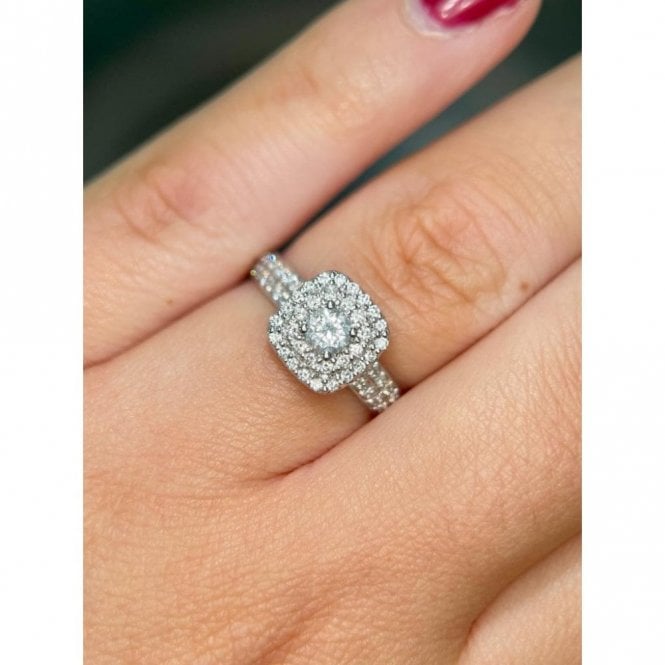 Faith Diamonds Platinum 0.75ct Total Round Brilliant Cut Centre with Double Halo & Double Row Diamond Shoulders Ring