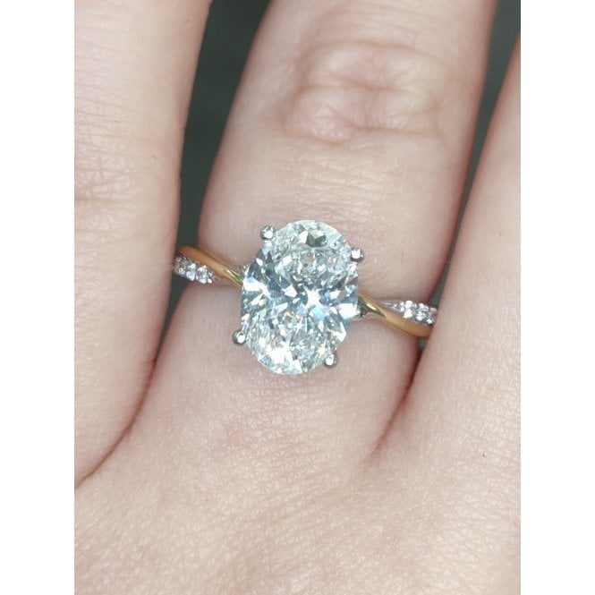 Faith Diamonds Platinum with 18ct Yellow Gold Twist 2.20ct D/E Colour Total Oval Cut Solitaire & Twist Diamond Shoulders LAB Grown Diamond Certified Ring