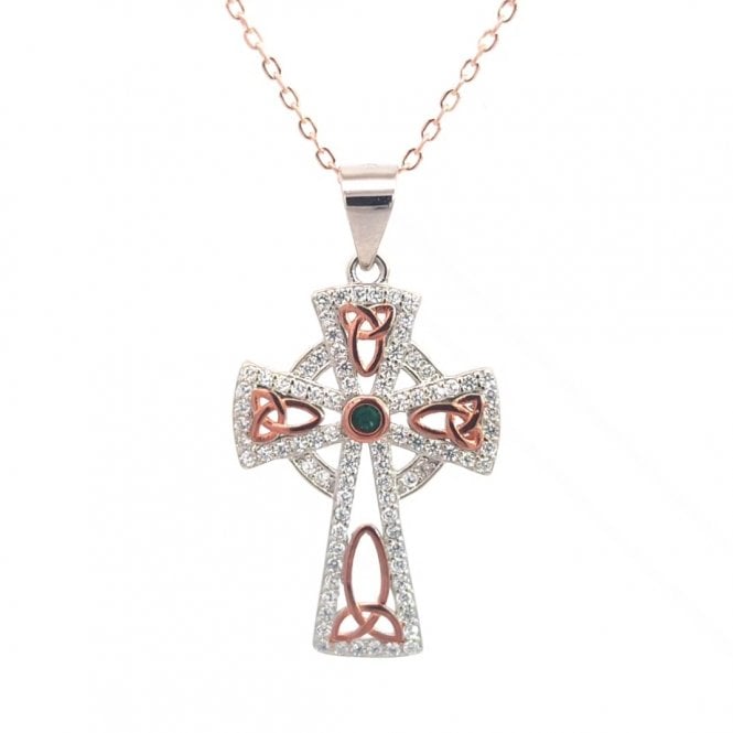 Faith Rose Gold Sterling Silver  CZ Celtic Cross with Rose Gold Tone Trinity Symbols & Centre Green CZ Necklace 1.7 x 2.5cm, 16-18