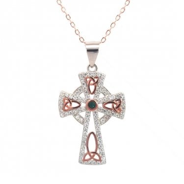 Faith Rose Gold Sterling Silver CZ Celtic Cross with Rose Gold Tone Trinity Symbols & Centre Green CZ Necklace 1.7 x 2.5cm, 16-18"