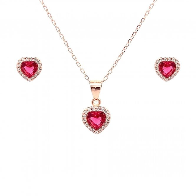 Faith Rose Gold Sterling Silver Red CZ Heart in Halo Necklace & Earrings Set 0.7 x 0.7cm, 0.8 x 0.8cm, 16-18