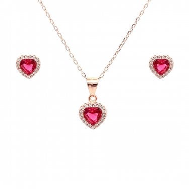 Red CZ Heart in Halo Necklace & Earrings Set 0.7 x 0.7cm, 0.8 x 0.8cm, 16-18"