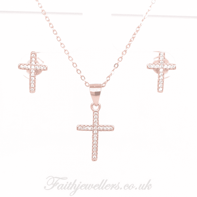 Faith Rose Gold Sterling Silver Sterling Silver Rose Gold E-Coated CZ Cross Earring and Pendant Set 10x15mm