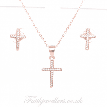 Sterling Silver Rose Gold E-Coated CZ Cross Earring and Pendant Set 10x15mm