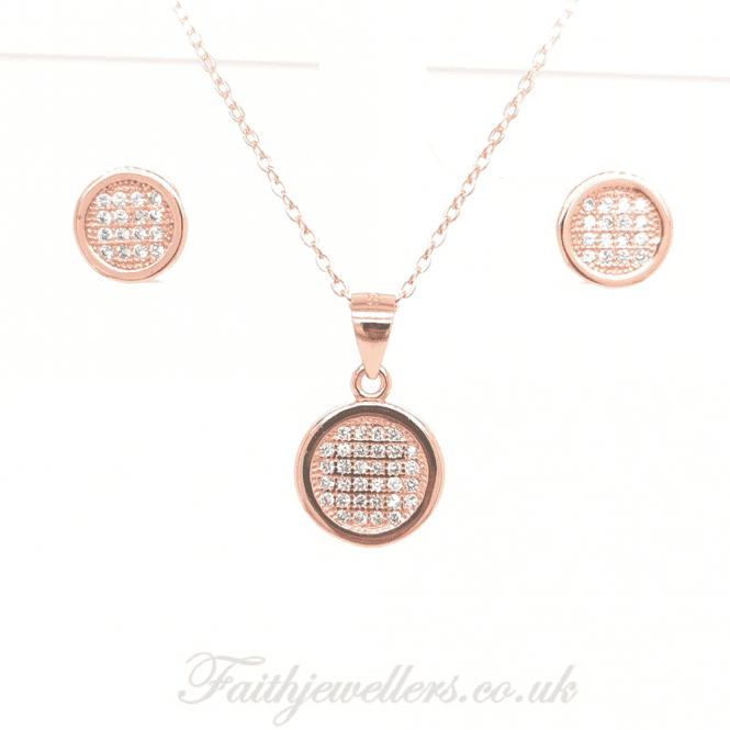Faith Rose Gold Sterling Silver Sterling Silver Rose Gold E-Coated CZ Round Pave Earring and Pendant Set 11x11mm