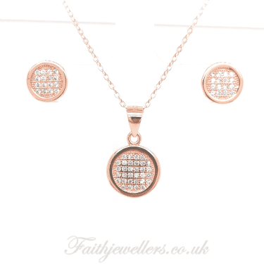 Sterling Silver Rose Gold E-Coated CZ Round Pave Earring and Pendant Set 11x11mm