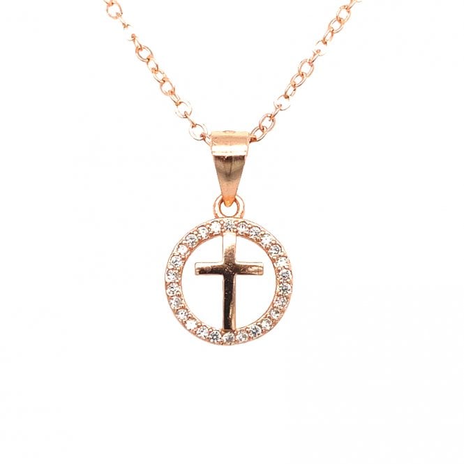 Faith Rose Gold Sterling Silver Sterling Silver Rose Gold Plain Cross inside Floating CZ Halo 10 x 10mm Pendant on Diamond Cut Chain