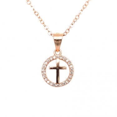 Sterling Silver Rose Gold Plain Cross inside Floating CZ Halo 10 x 10mm Pendant on Diamond Cut Chain