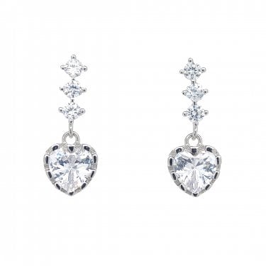 Faith Sterling Silver 3 CZ Drop with Large Heart Drop Earrings 2 x 0.7cm 