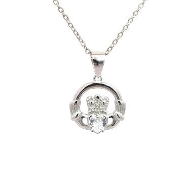Faith Sterling Silver April Birthstone Claddagh Necklace 1.4 x 1.3cm, 16-18"