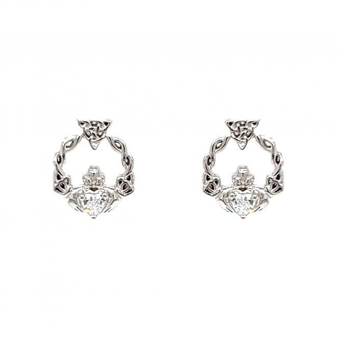 Faith Sterling Silver  April Birthstone Claddagh with Celtic Knot Detail Stud Earrings 0.9 x 1.1cm