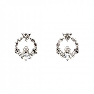 Faith Sterling Silver April Birthstone Claddagh with Celtic Knot Detail Stud Earrings 0.9 x 1.1cm