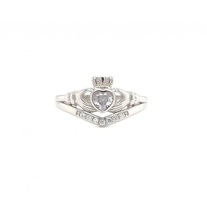 Faith Sterling Silver  April Birthstone Wishbone Claddagh Ring