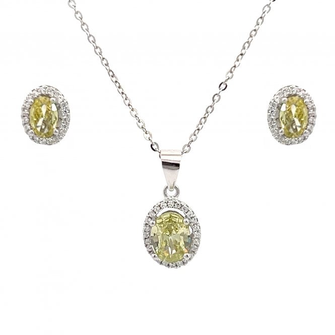 Faith Sterling Silver  August Birthstone CZ Oval Halo Necklace & Earrings Set 0.7 x 0.9cm, 0.9 x 1.1cm 16-18