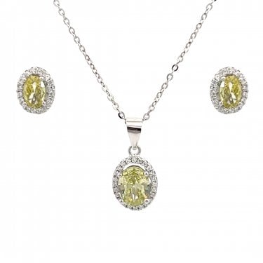 Faith Sterling Silver August Birthstone CZ Oval Halo Necklace & Earrings Set 0.7 x 0.9cm, 0.9 x 1.1cm 16-18"