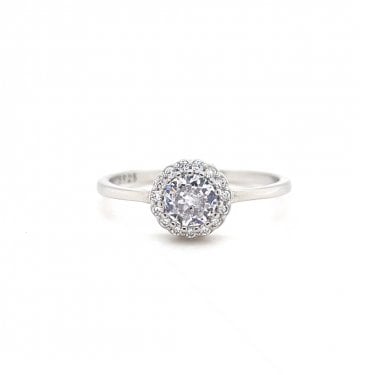 Faith Sterling Silver Beaded Claw Round CZ Centre with CZ Halo Ring