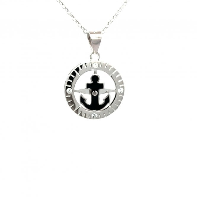 Faith Sterling Silver  Black Enamel Anchor with CZ Necklace 1.6 x 1.6cm, 16-18