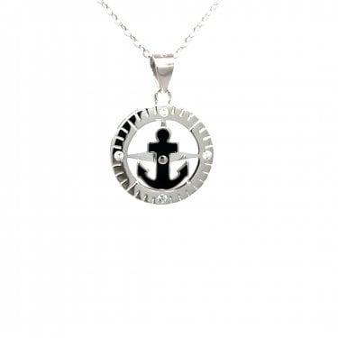 Faith Sterling Silver Black Enamel Anchor with CZ Necklace 1.6 x 1.6cm, 16-18"